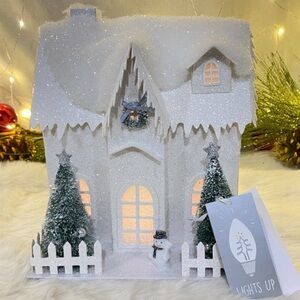 Snowy Roof Putz Christmas Village Victorian House Wreath Trees Led light up New